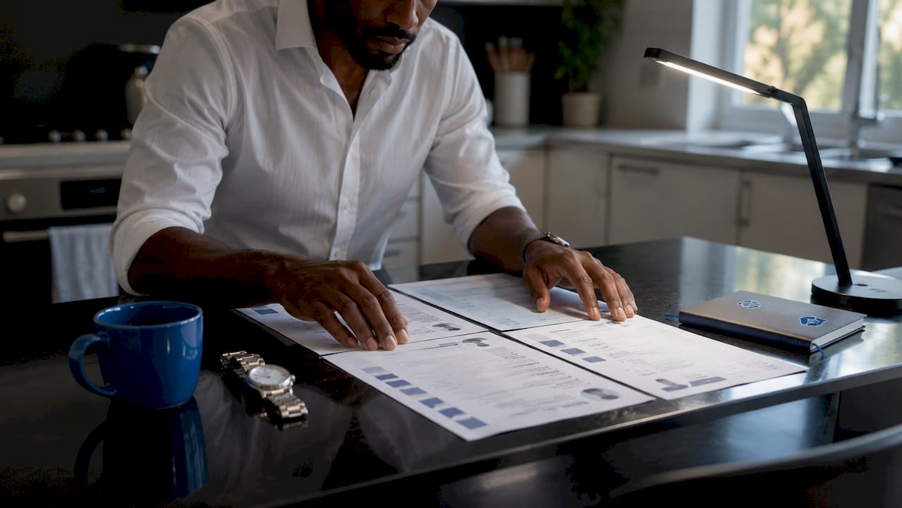 Hands reviewing resume templates in home office