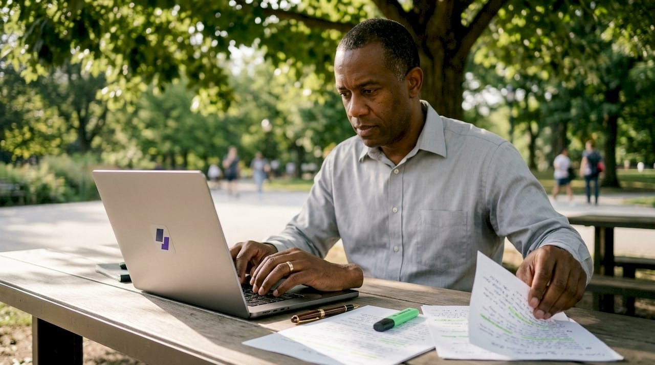 Hands typing on laptop near keyword-highlighted resume pages