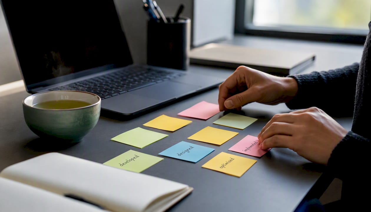 Action verb cards on a workspace desk