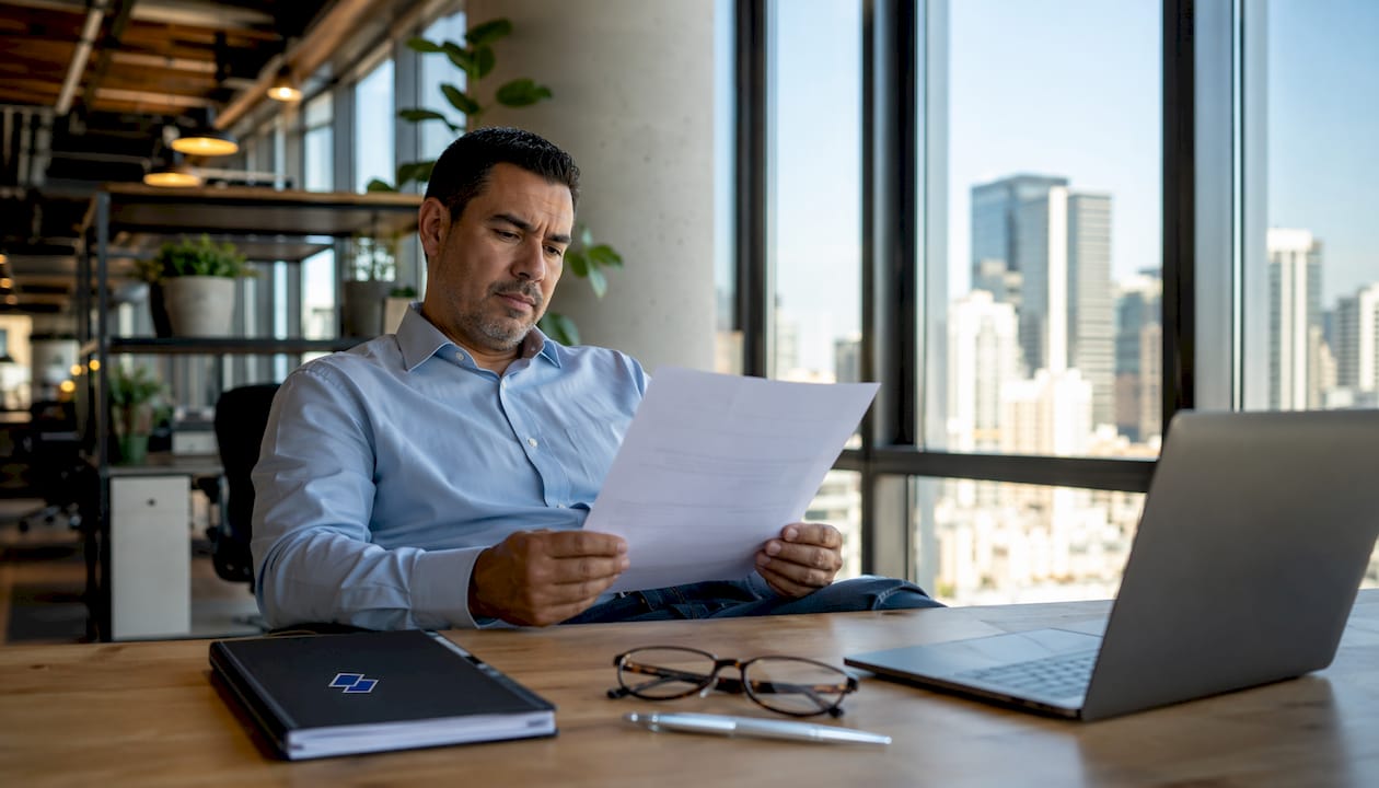 Man reviewing reverse-chronological resume in office