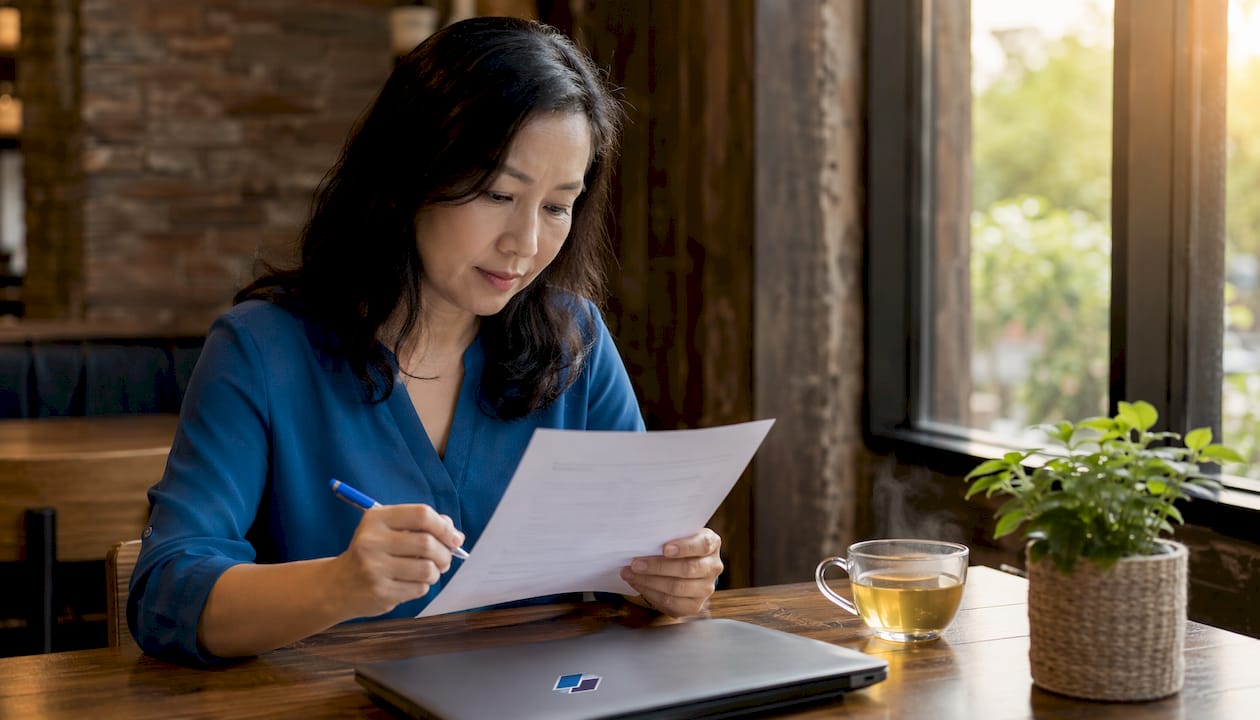 Woman editing printed resume in bright co-working space