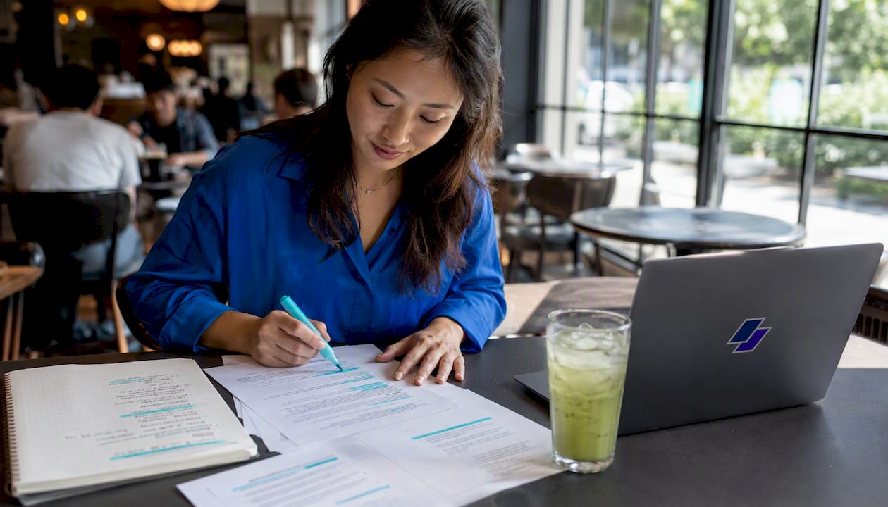 Hands highlighting resume keywords in office