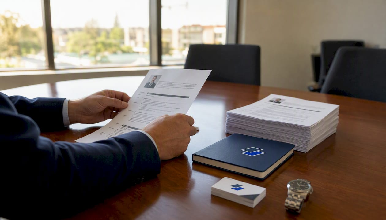 Hands sorting printed resumes on recruiter desk