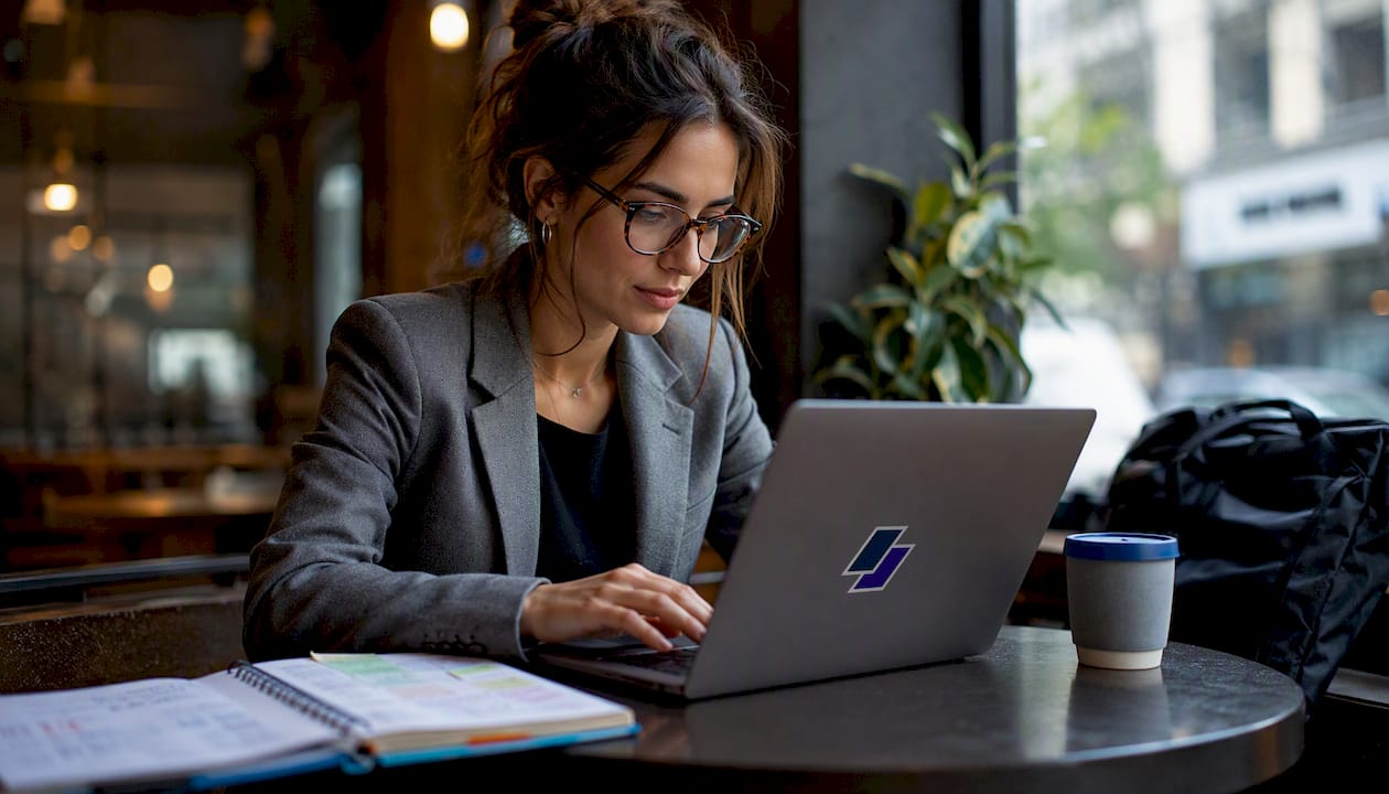 Woman editing contract resume on laptop in café