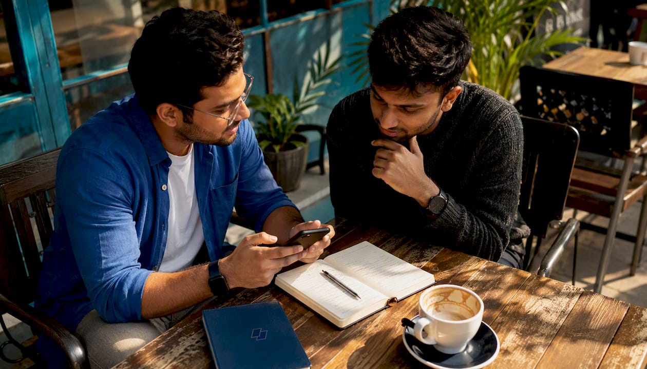Two young men networking in coffee shop