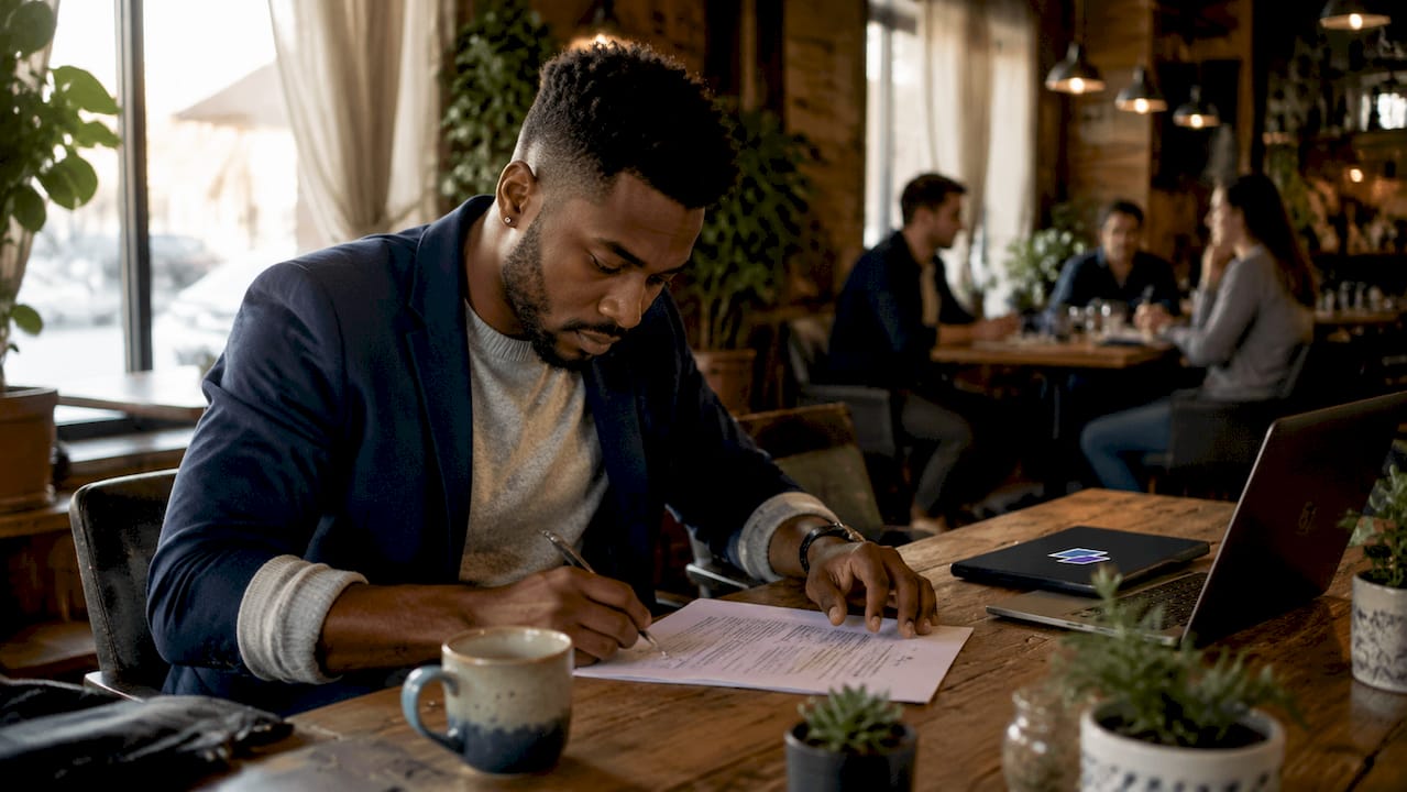 Close-up of hands editing tailored resume at coworking space