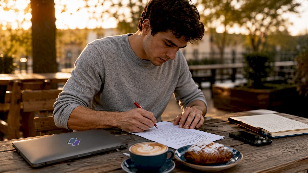 Hands editing entry-level cover letter in cafe