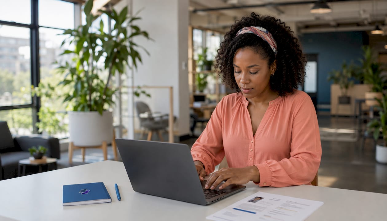 Side profile of woman working on hybrid skill-first resume
