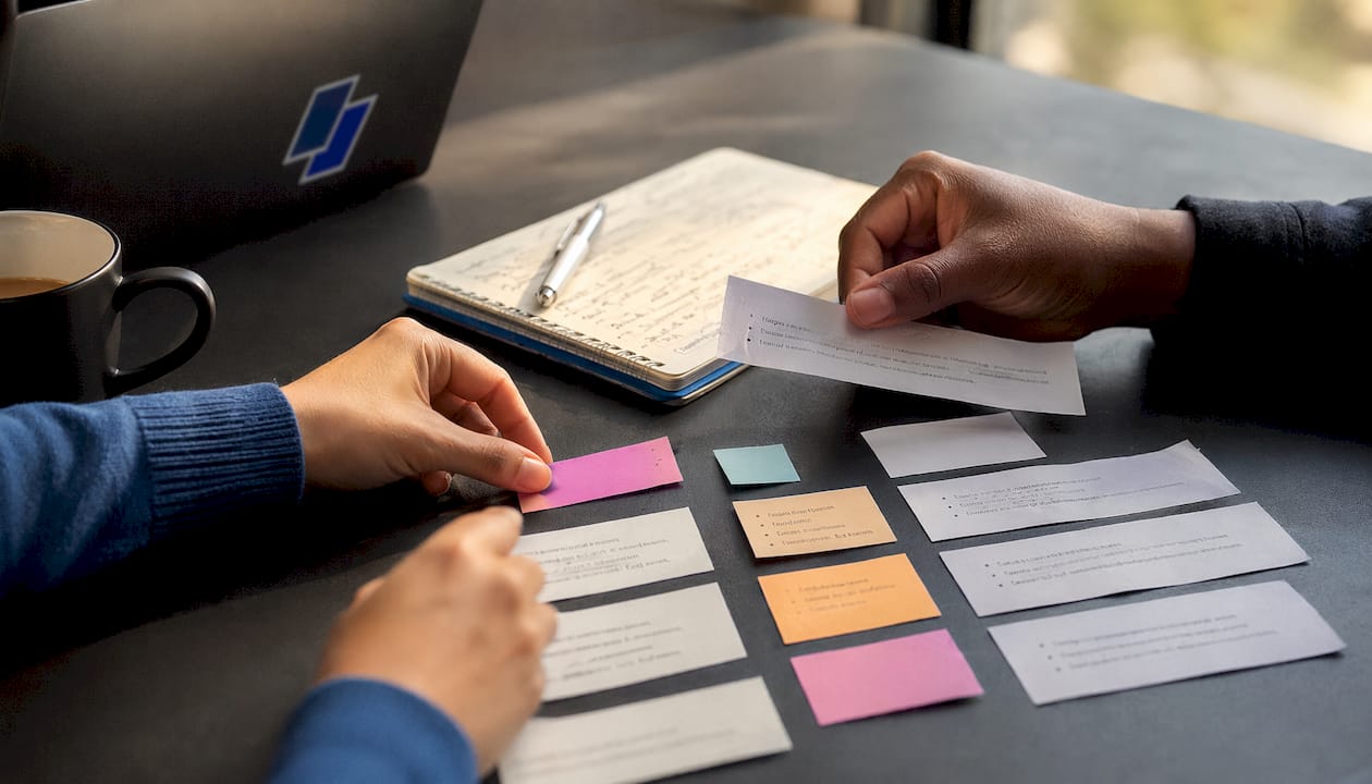 Hands organizing modular resume components