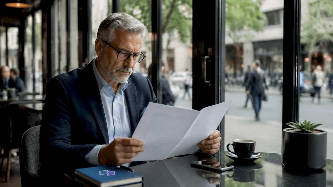 Homme senior examinant un CV de deux pages