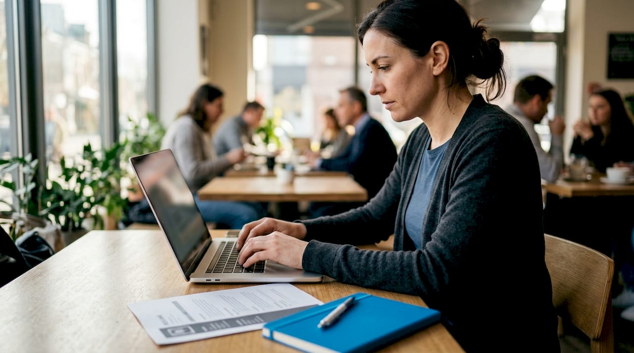 Close-up hands typing on laptop with resume nearby