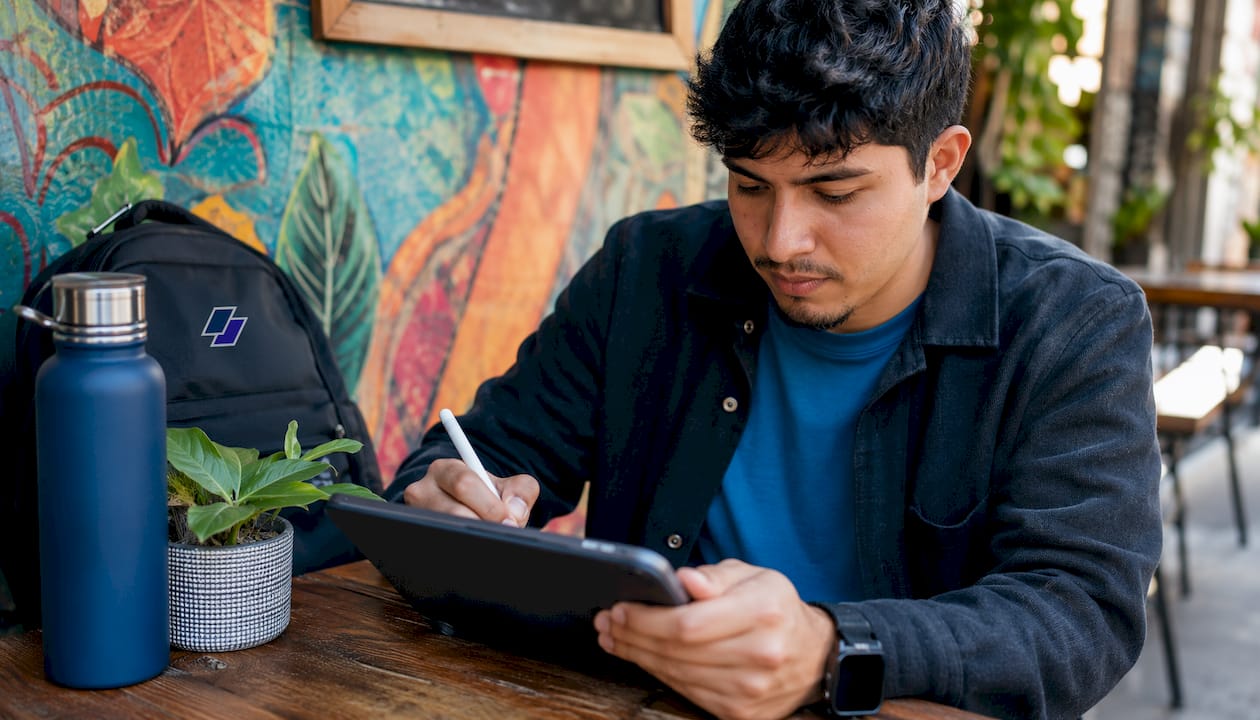 Man using tablet and laptop in co-working space