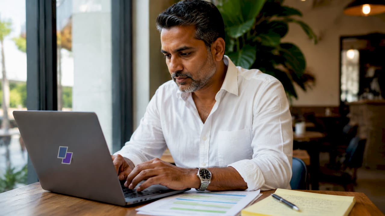 Hands typing laptop with job description nearby
