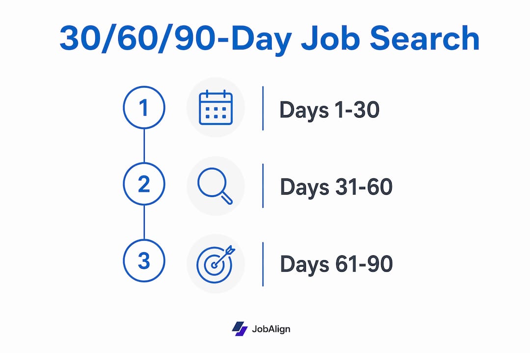 Infographic showing 30/60/90 day job search timeline