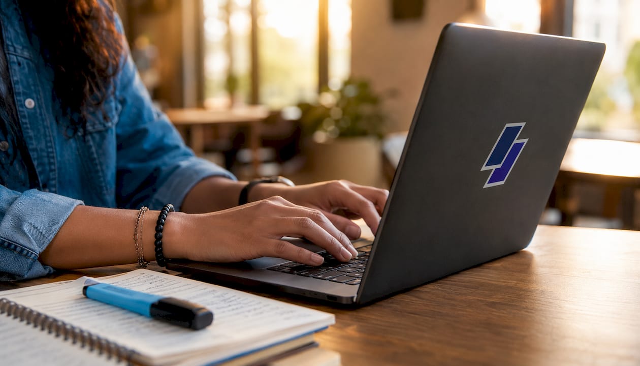 Close-up of hands typing on laptop for resume building