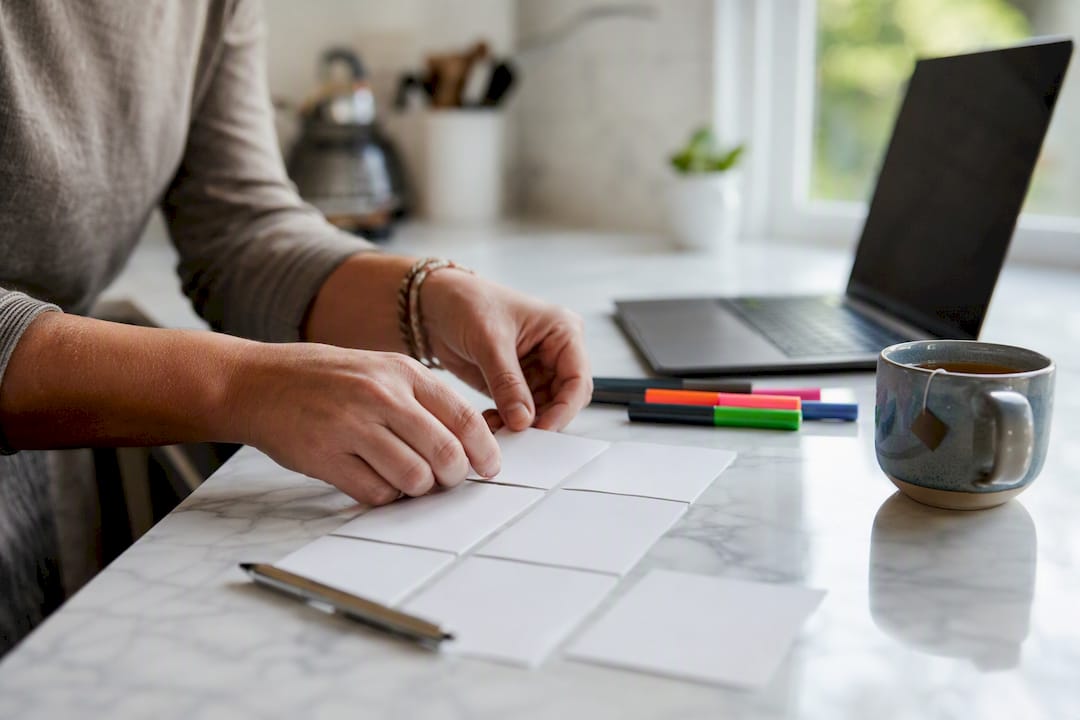 Hands arranging achievement cards on desk